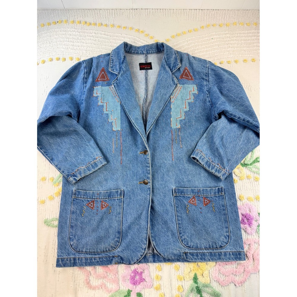 Sunbelt Sportswear Vintage Denim Southwestern Blazer Jacket Blue Embroidered Xl - Picture 2 of 9